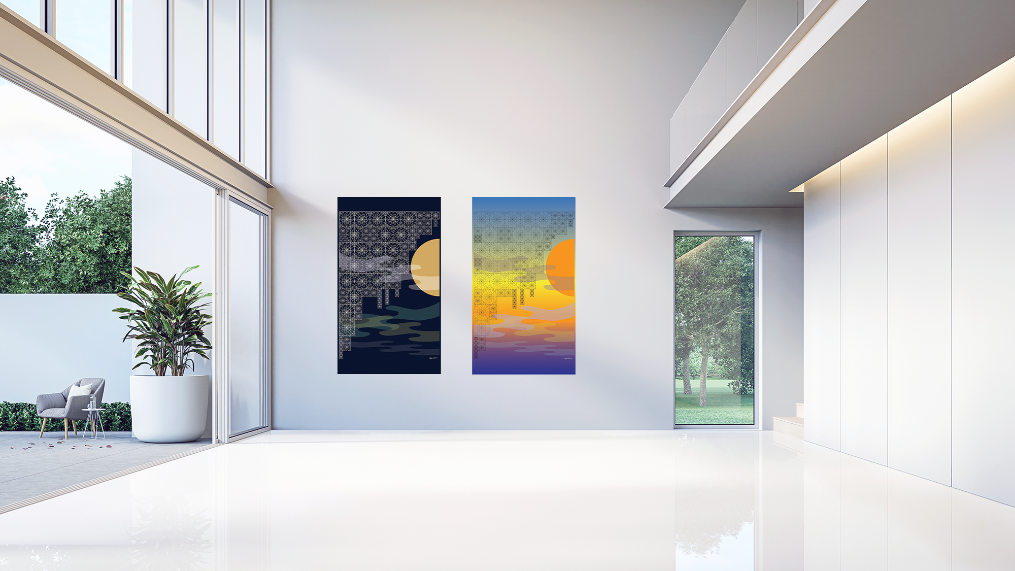 Textil abstarkt konst med  geometriskt mönster. Natthimmel och morgonhimmel med solen.