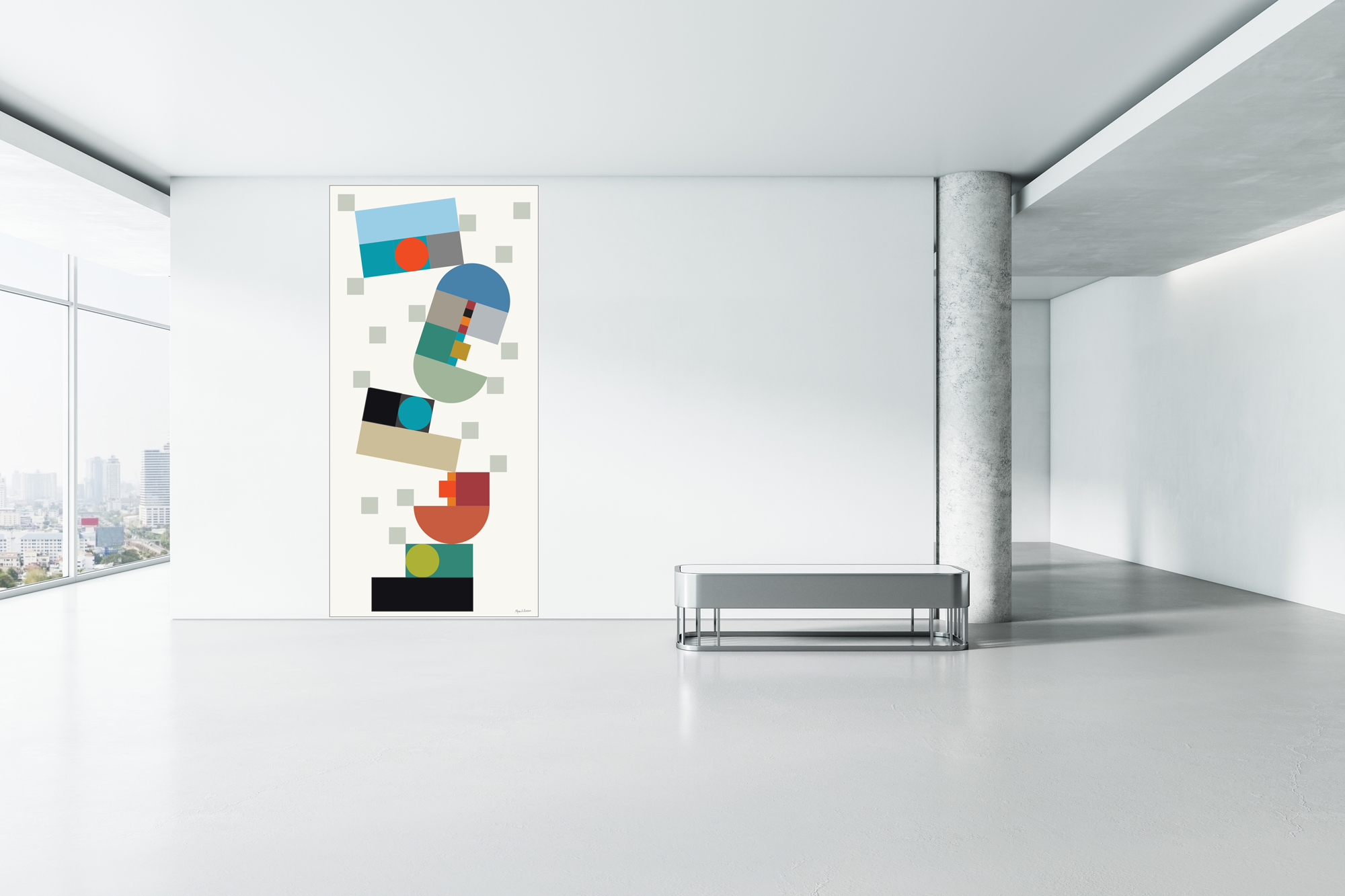 Textil abstrakt konst med geometriska former i flera olika färger på varmit botten.