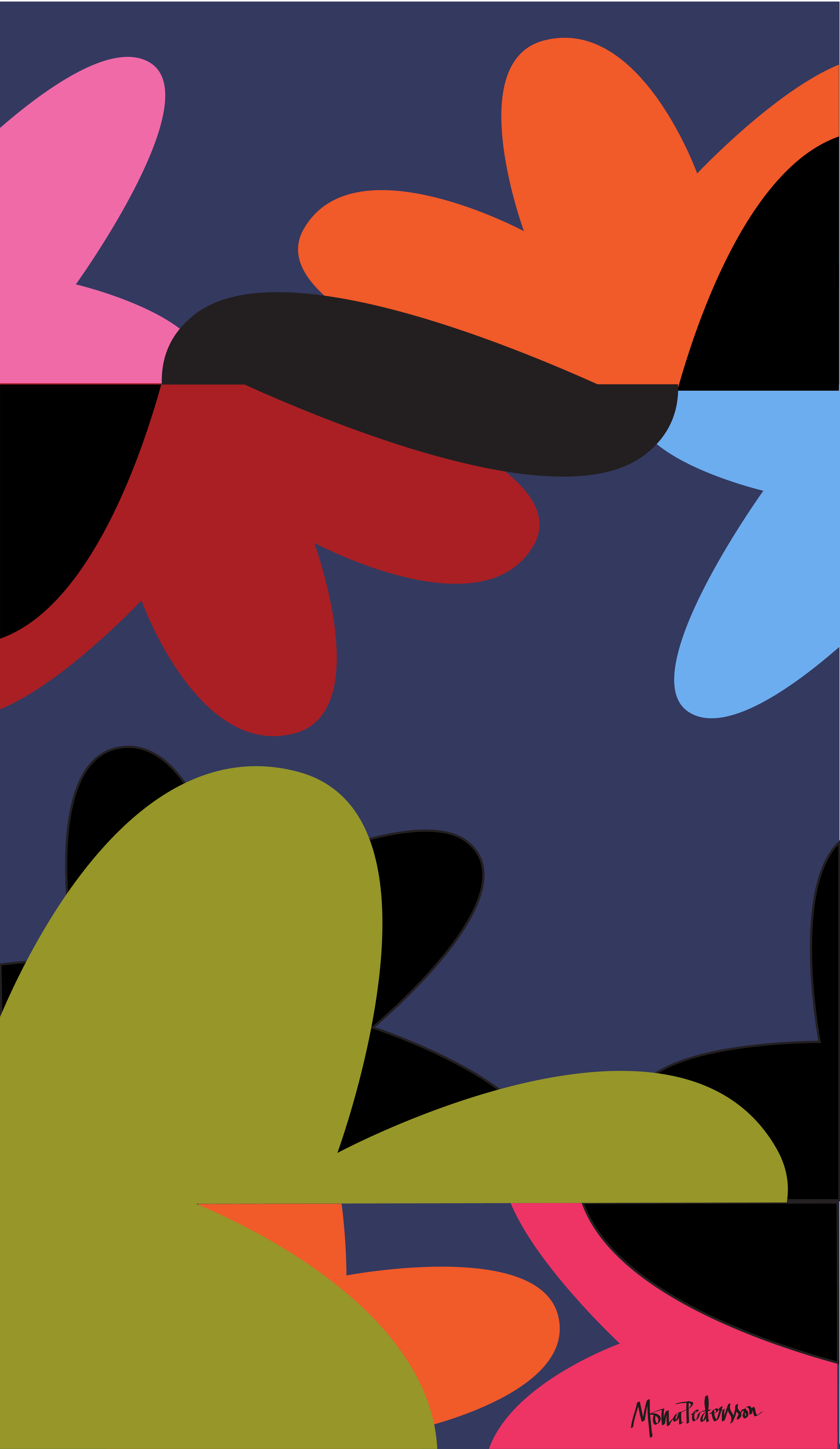 Motiv: Blomlek, marinblått, rosa, orange, ljusblått, kall gul, rött, orange  